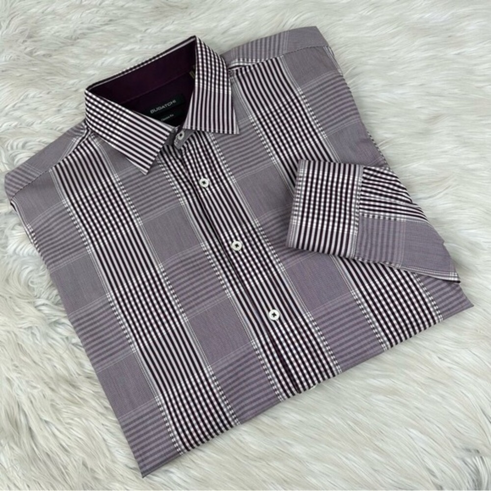 Bugatchi Mens Classic Fit Purple White Plaid Striped Cotton Button‎ Down Shirt L